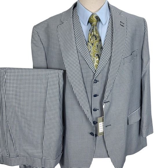 Rossi Man 3 Piece Suit Men 52R/46R 42W Navy Gingham Check Cyrus Super 150s Wool - Picture 1 of 16